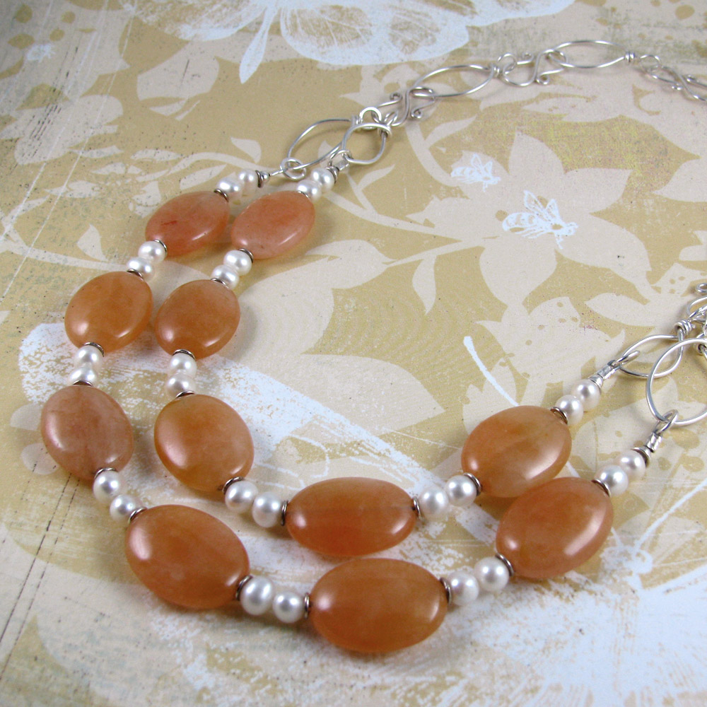 Peach Fantasy Peach Jade Gemstone Ovals And Freshwater Pearls With Handworked Sterling Silver Leaves