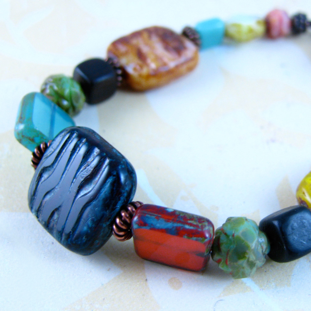 Gypsy Czech Picasso Glass Bracelet Textures Colors Aqua Yellow Brown Green Also Wood
