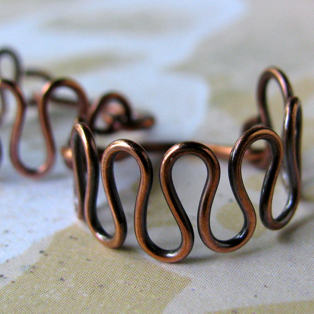 Zigzags Solid Copper Wire Earrings Handworked Loops