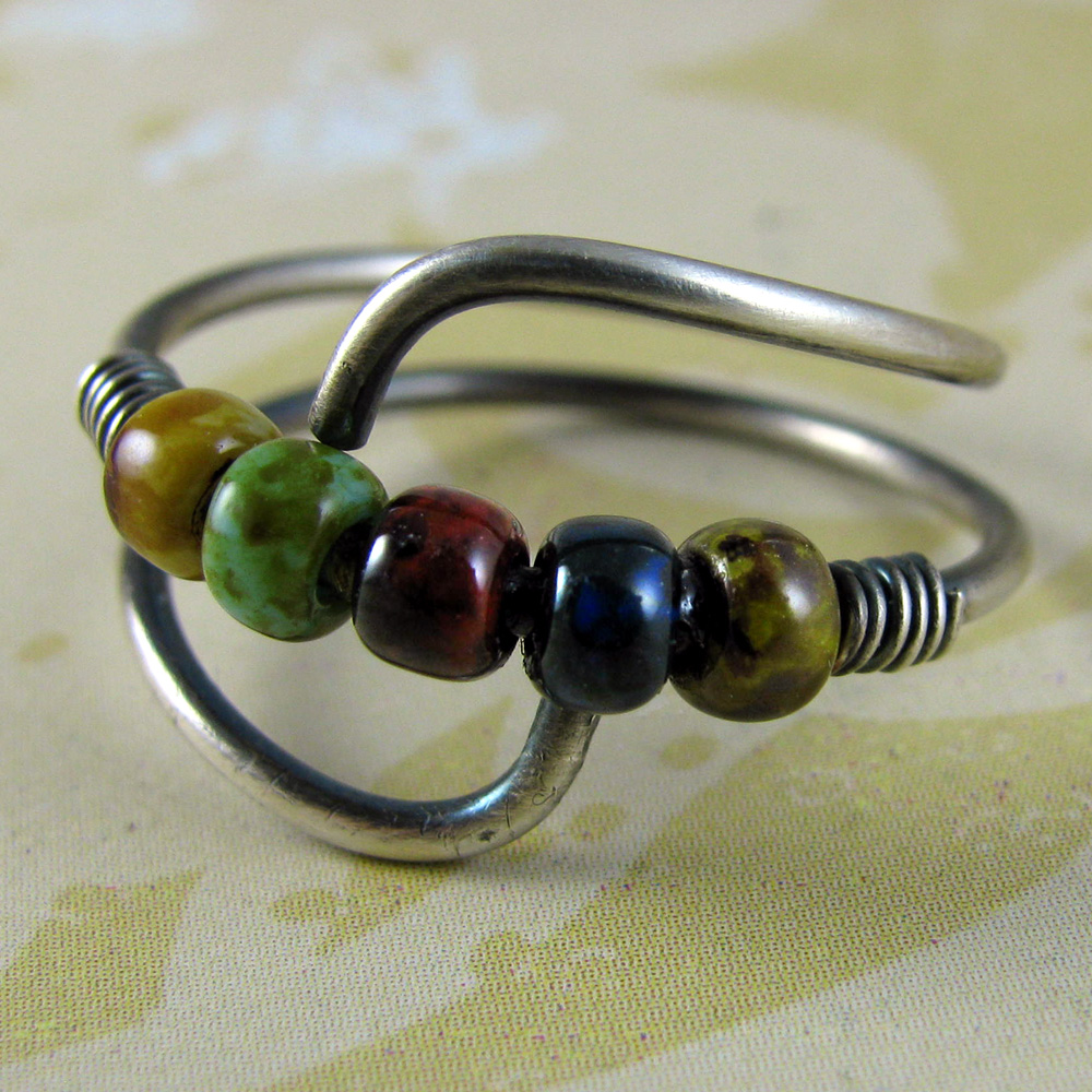 Winged Ring Sterling Silver Czech Picasso Beads Adjustable Gypsy Boho Casual Hippie